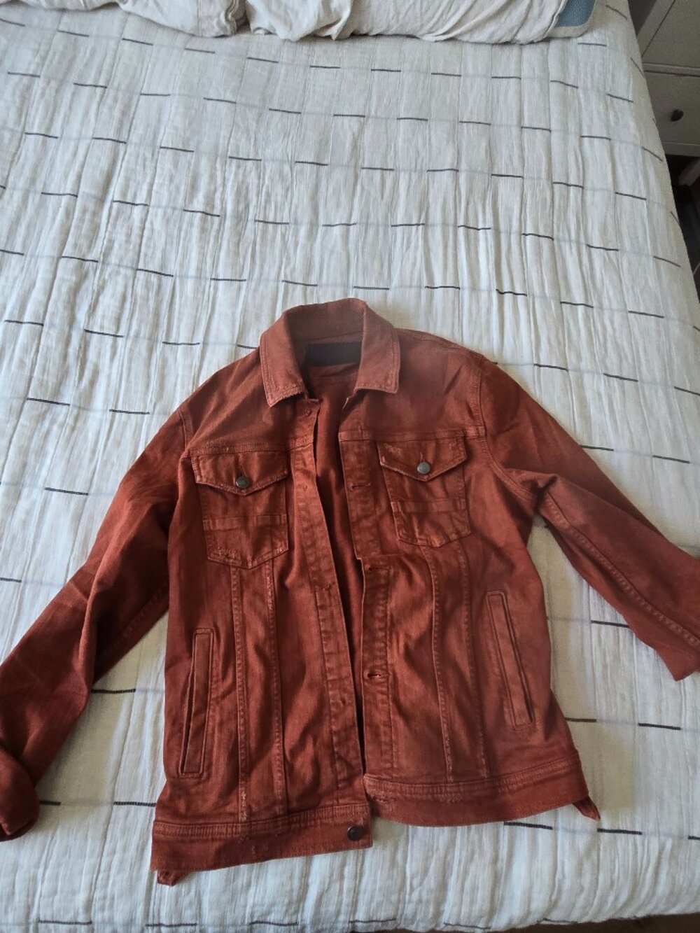 Rust Terracotta Denim Jacket – Distressed – Size M Price $45 OBO Brand Unknown (